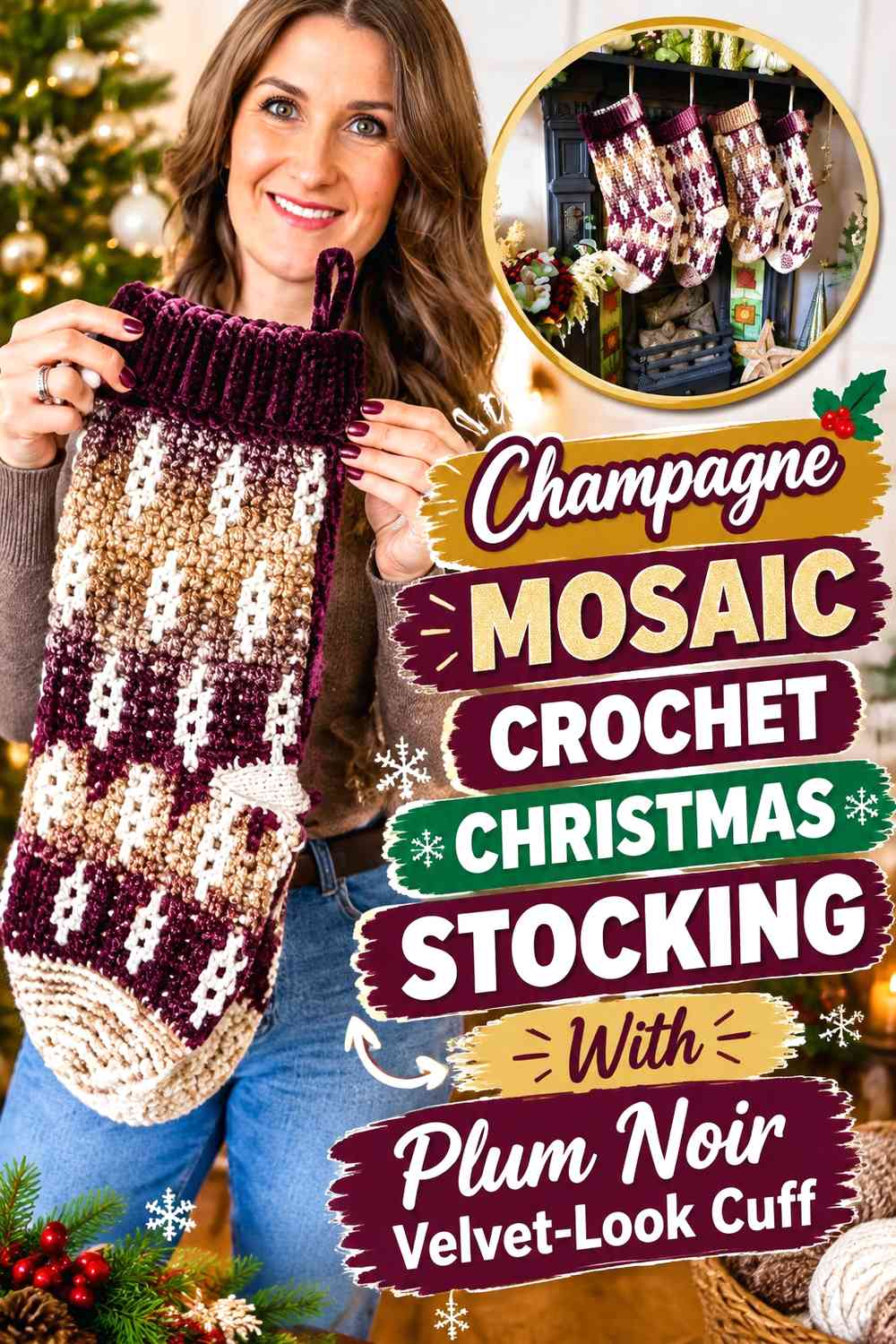 Champagne Mosaic Crochet Christmas Stocking With Plum Noir Velvet-Look Cuff