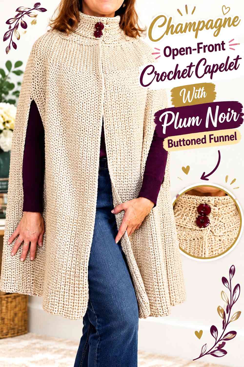Champagne Open-Front Crochet Capelet With Plum Noir Buttoned Funnel
