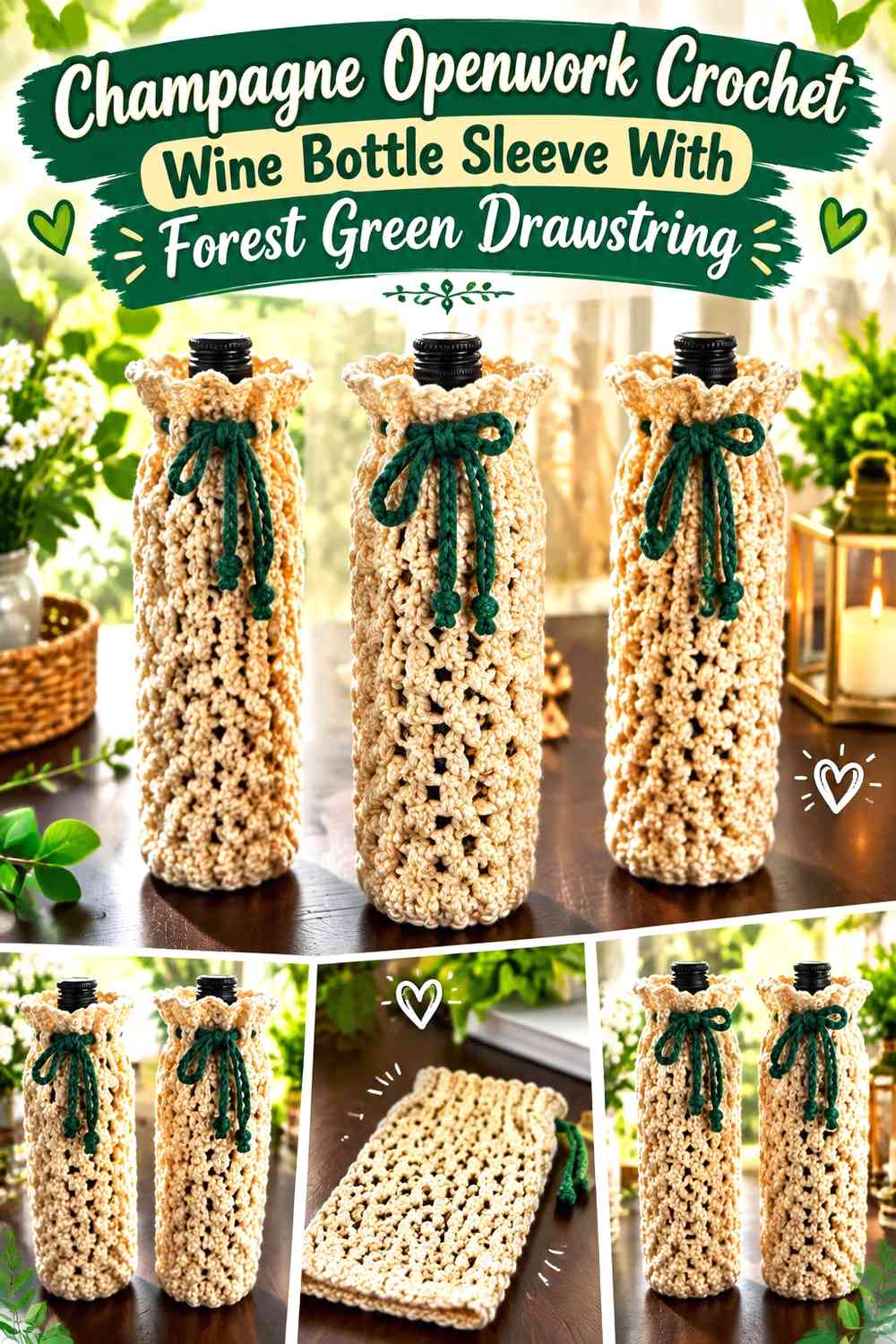 Champagne Openwork Crochet Wine Bottle Sleeve With Forest Green Drawstring