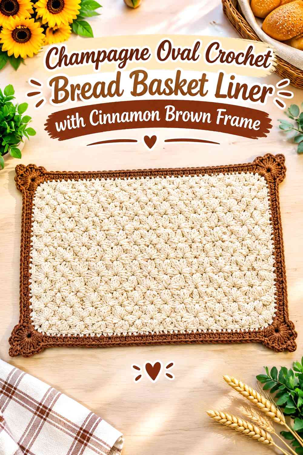 Champagne Oval Crochet Bread Basket Liner with Cinnamon Brown Frame