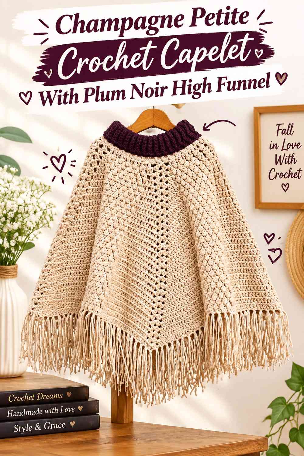 Champagne Petite Crochet Capelet With Plum Noir High Funnel