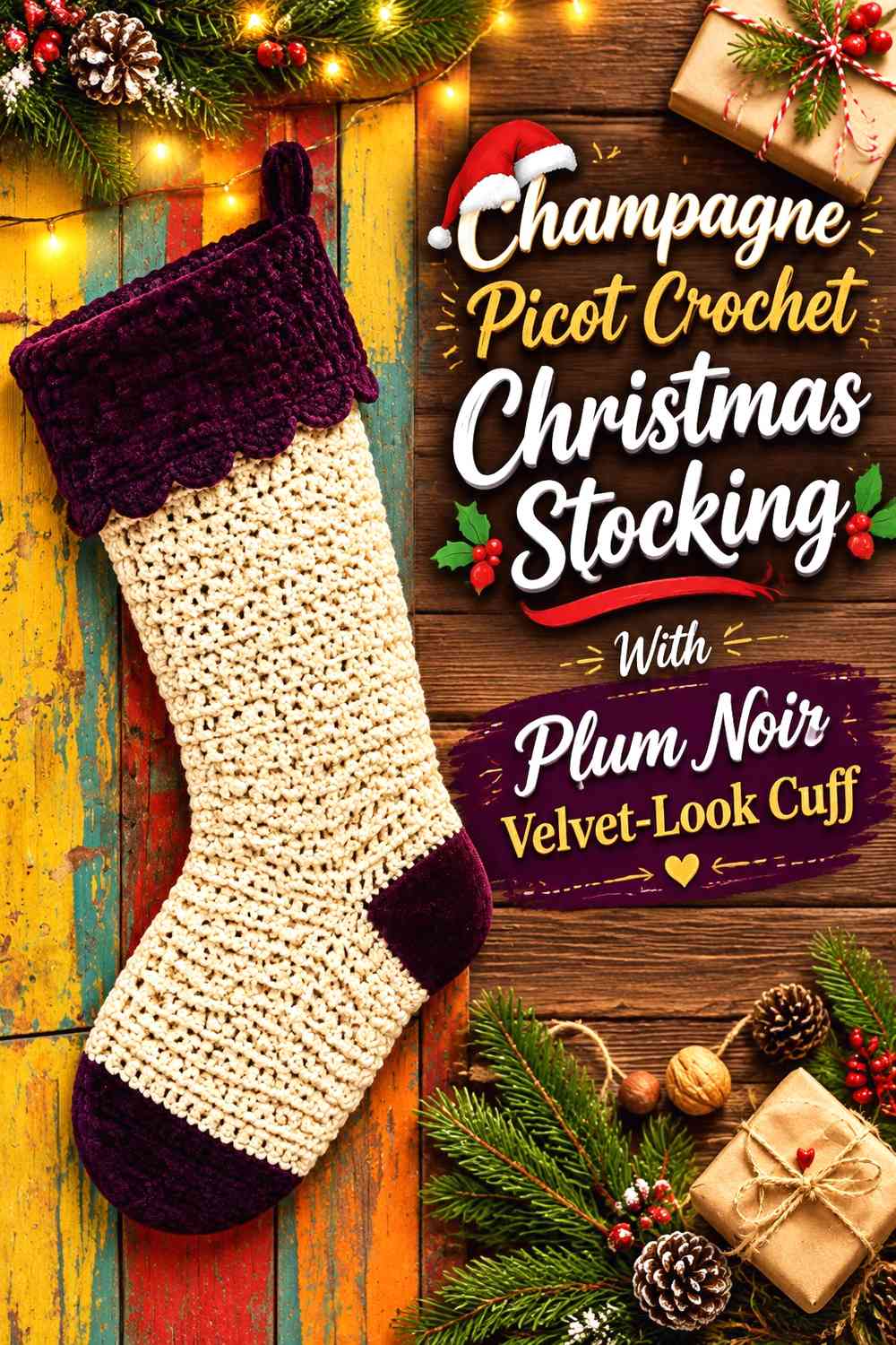 Champagne Picot Crochet Christmas Stocking With Plum Noir Velvet-Look Cuff