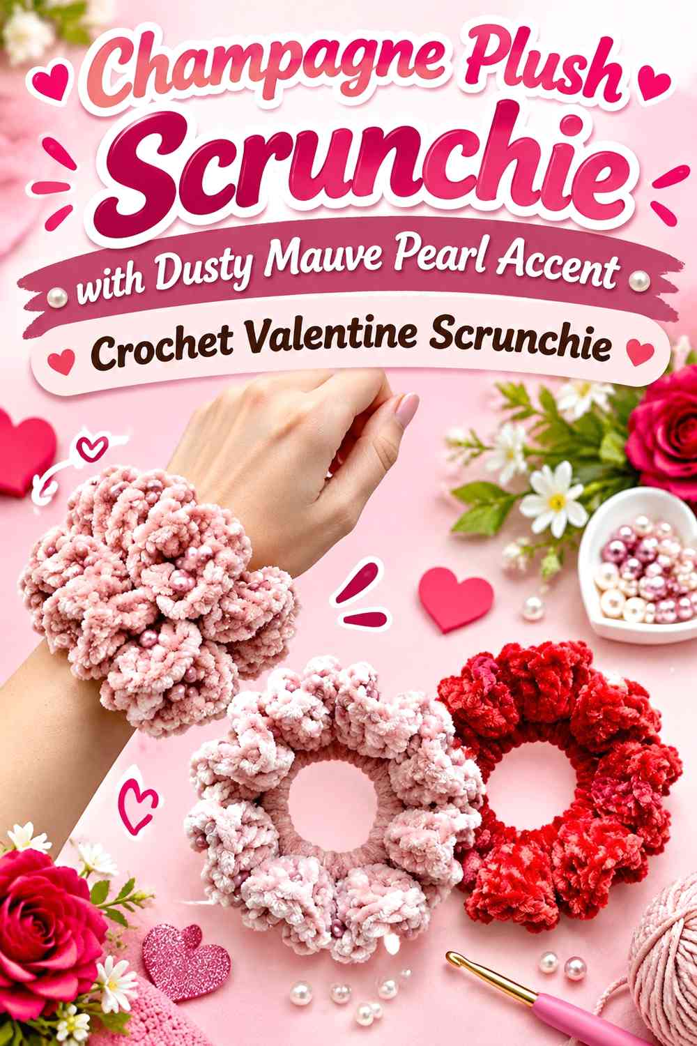 Champagne Plush Scrunchie with Dusty Mauve Pearl Accent Crochet Valentine Scrunchie