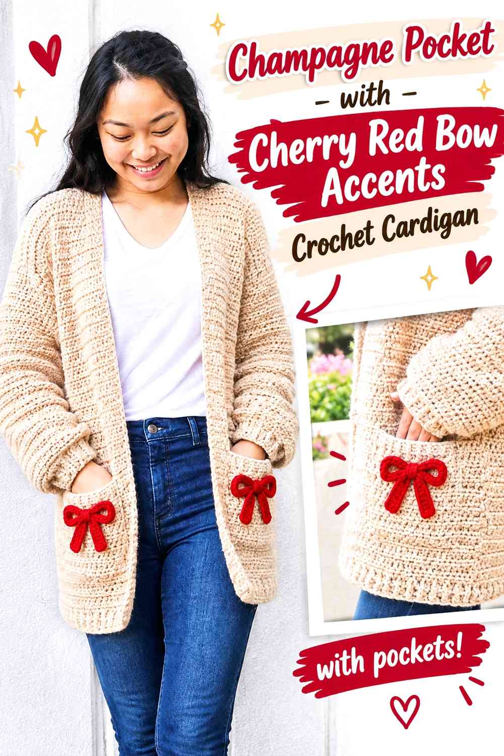 Champagne Pocket with Cherry Red Bow Accents Crochet Cardigan