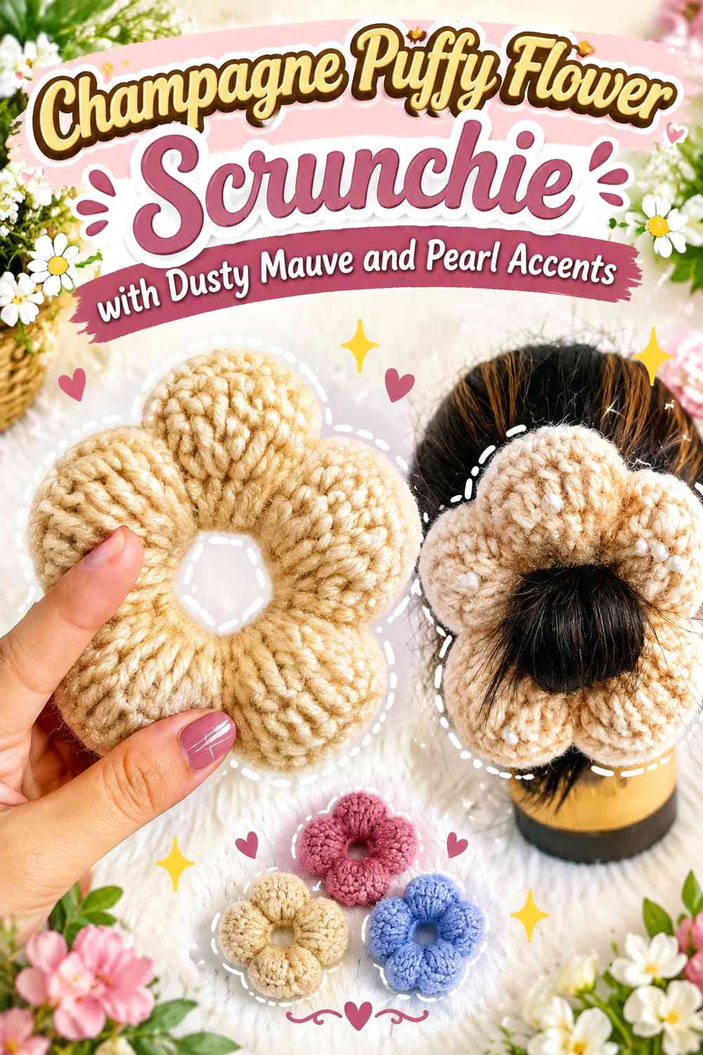 Champagne Puffy Flower Scrunchie with Dusty Mauve and Pearl Accents