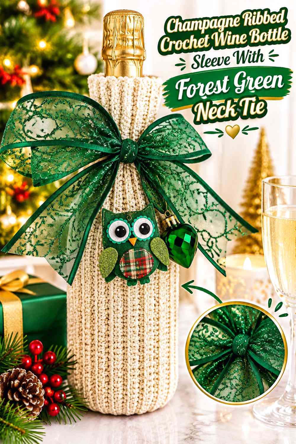 Champagne Ribbed Crochet Wine Bottle Sleeve With Forest Green Neck Tie