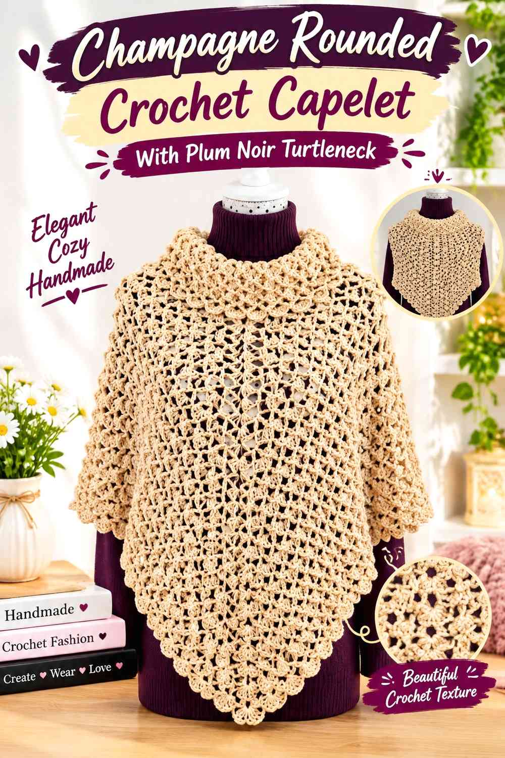 Champagne Rounded Crochet Capelet With Plum Noir Turtleneck
