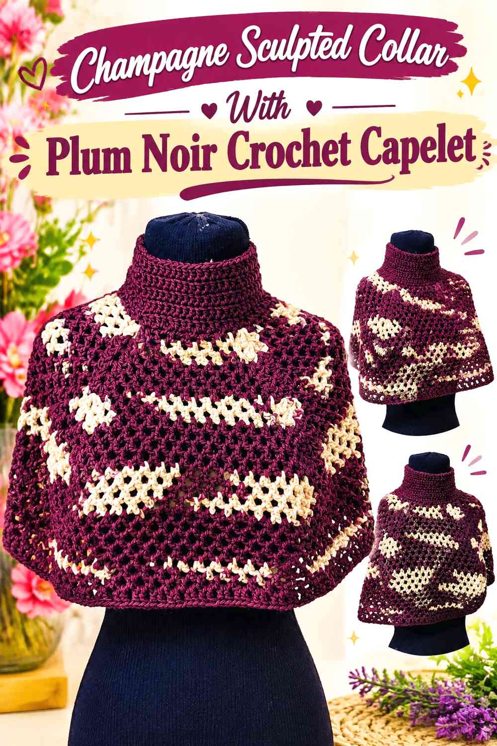 Champagne Sculpted Collar With Plum Noir Crochet Capelet