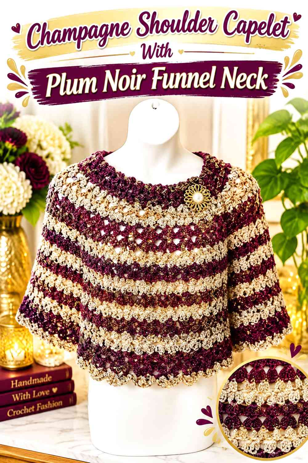 Champagne Shoulder Capelet With Plum Noir Funnel Neck
