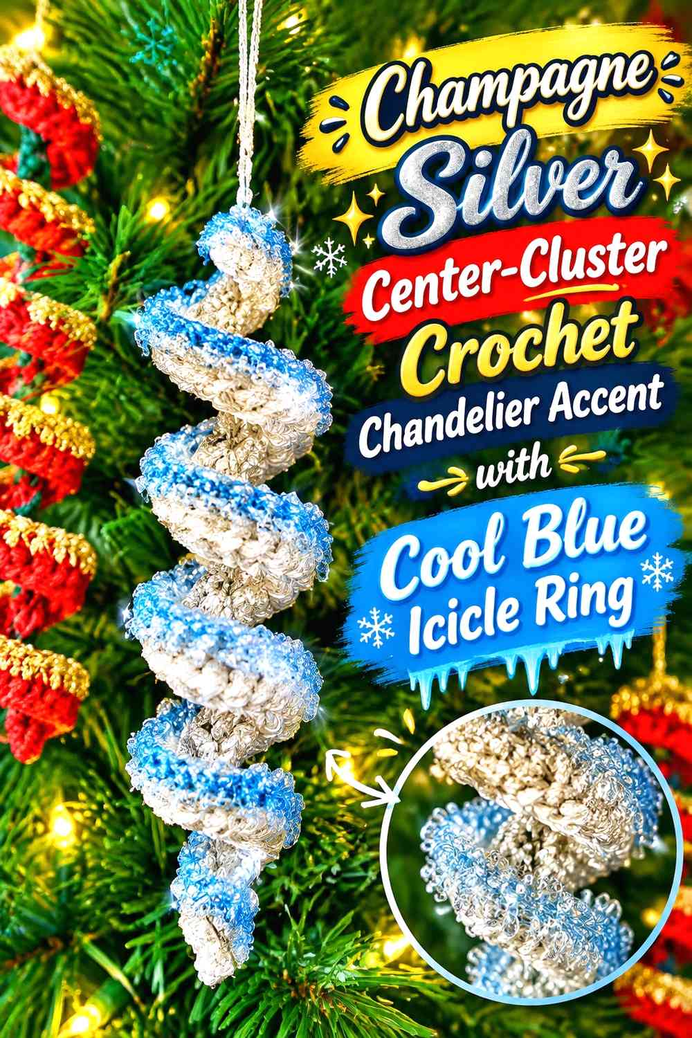 Champagne Silver Center-Cluster Crochet Chandelier Accent with Cool Blue Icicle Ring