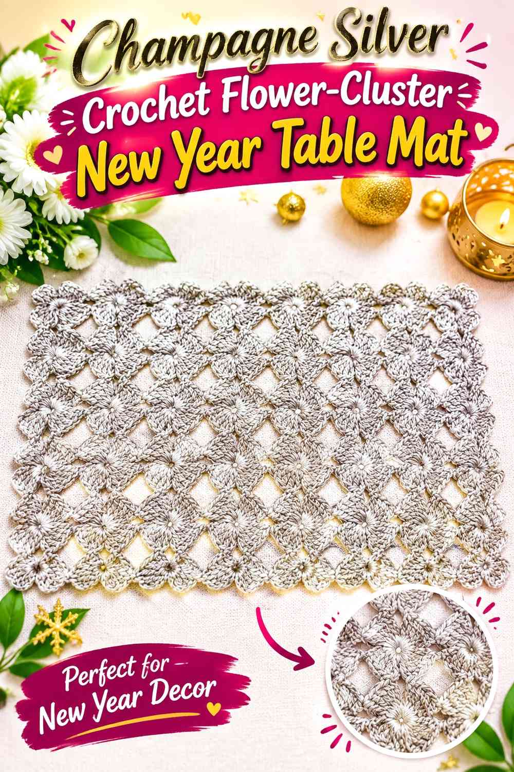 Champagne Silver Crochet Flower-Cluster New Year Table Mat