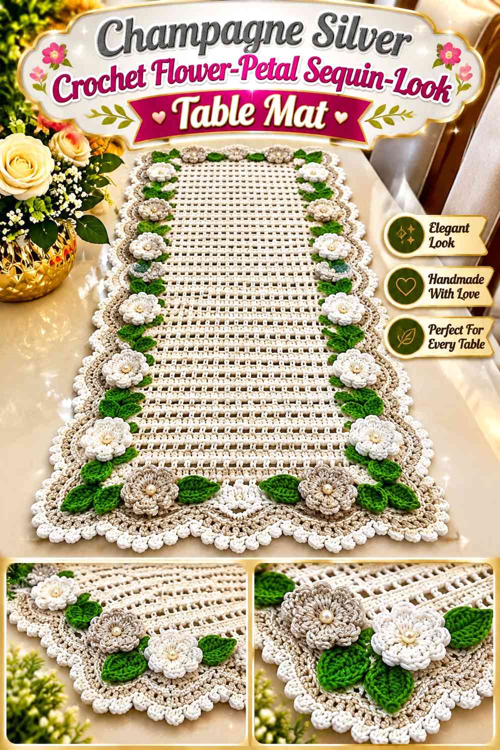 Champagne Silver Crochet Flower-Petal Sequin-Look Table Mat