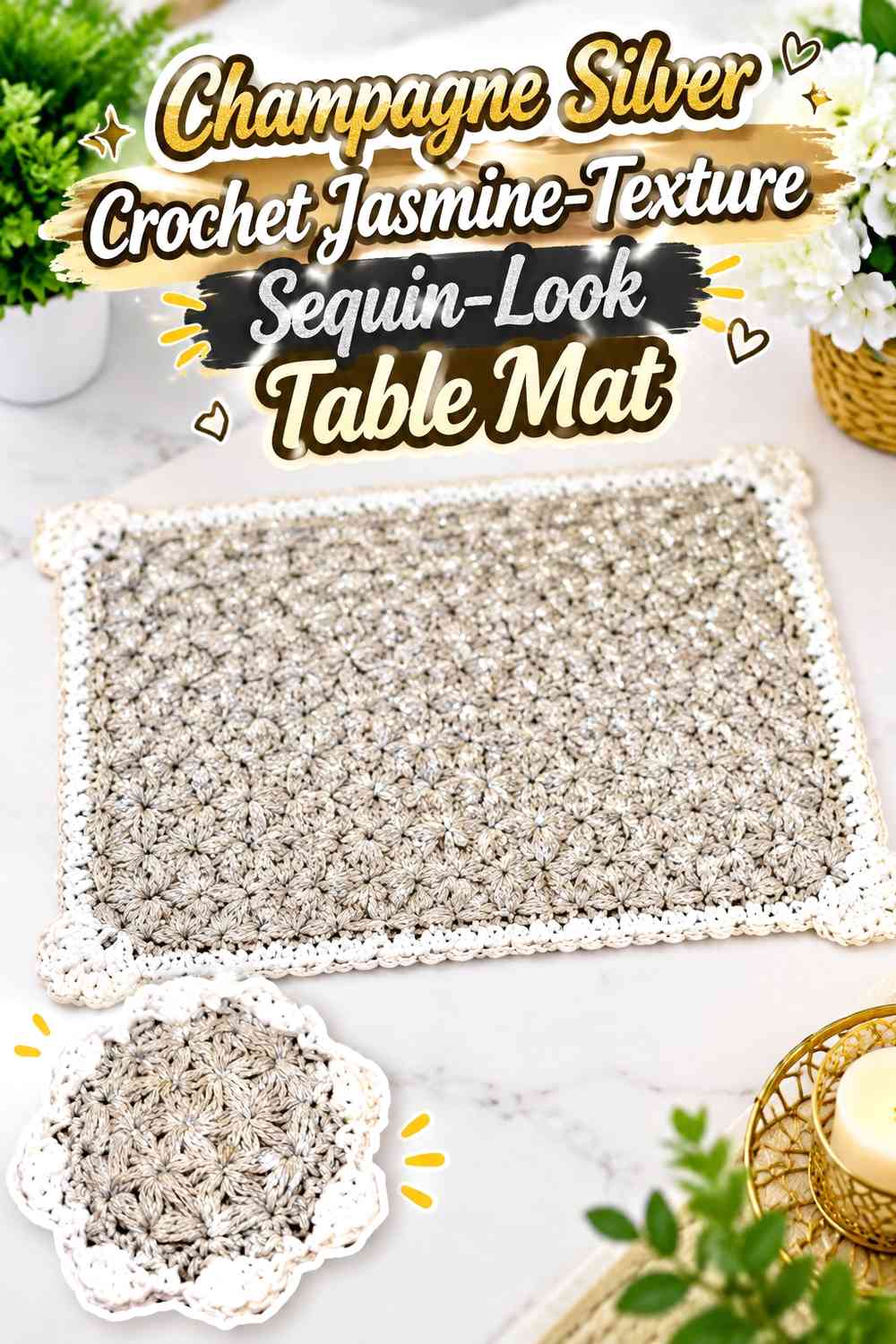 Champagne Silver Crochet Jasmine-Texture Sequin-Look Table Mat