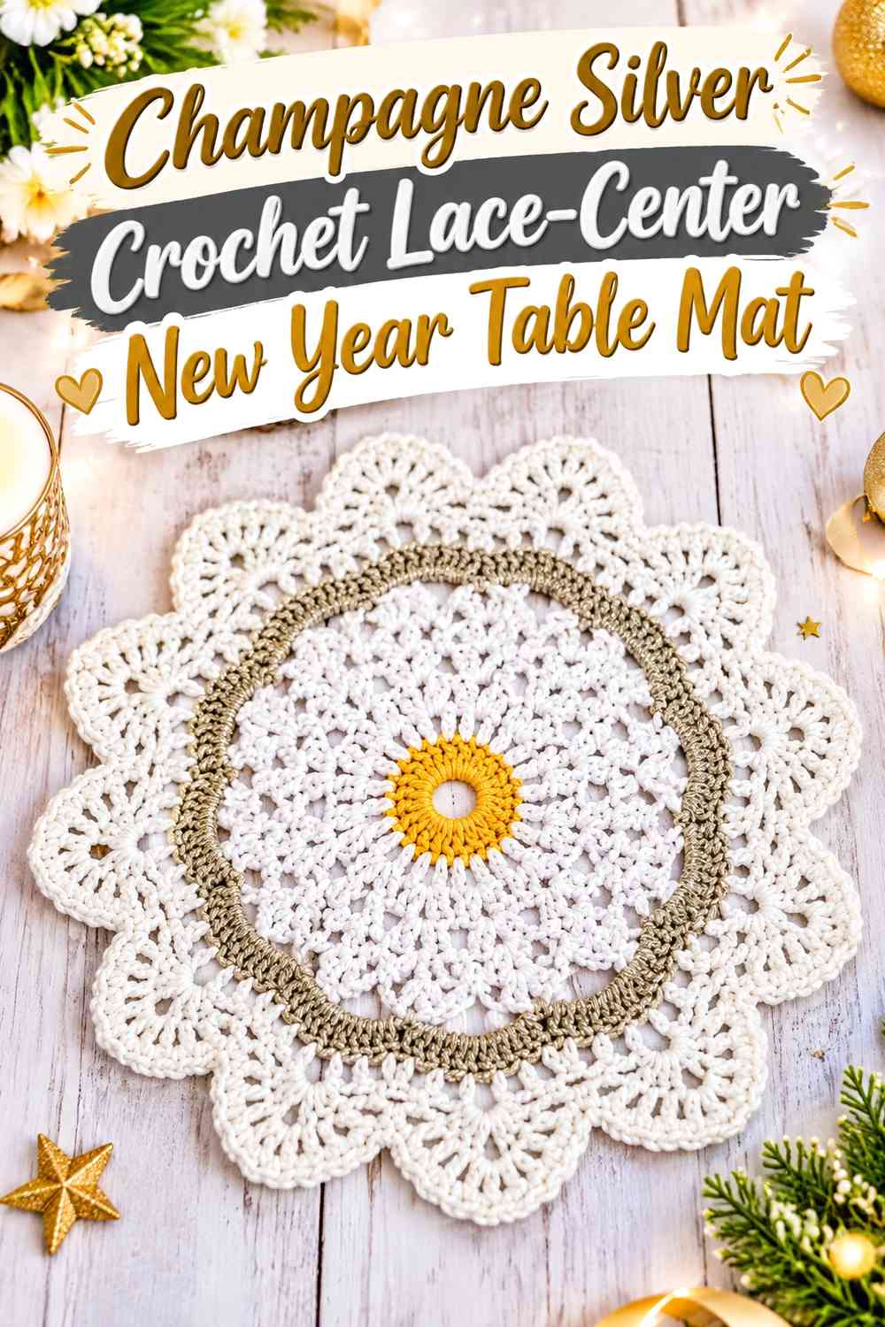 Champagne Silver Crochet Lace-Center New Year Table Mat