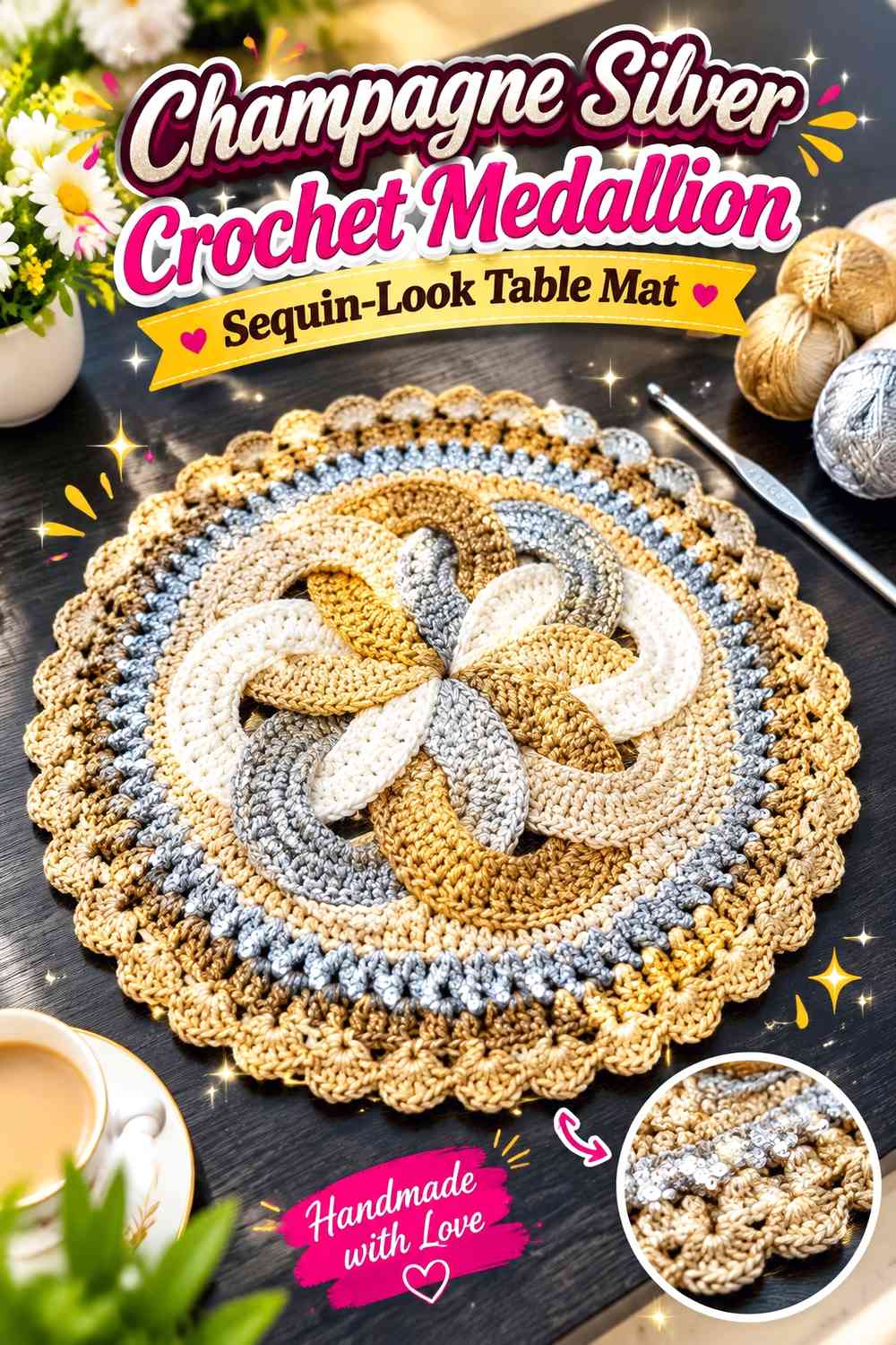 Champagne Silver Crochet Medallion Sequin-Look Table Mat