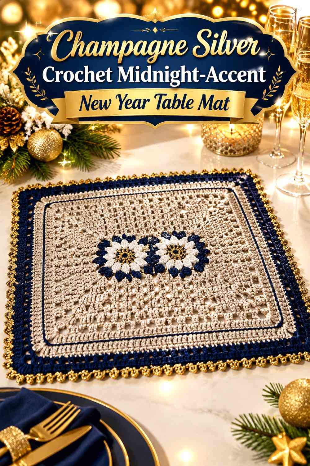 Champagne Silver Crochet Midnight-Accent New Year Table Mat