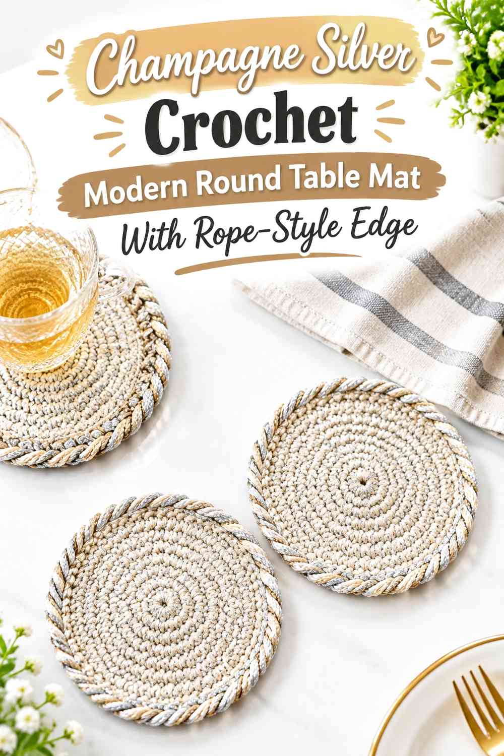 Champagne Silver Crochet Modern Round Table Mat With Rope-Style Edge