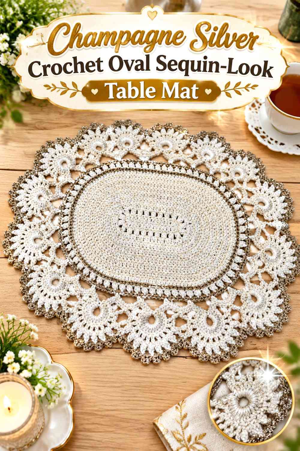 Champagne Silver Crochet Oval Sequin-Look Table Mat