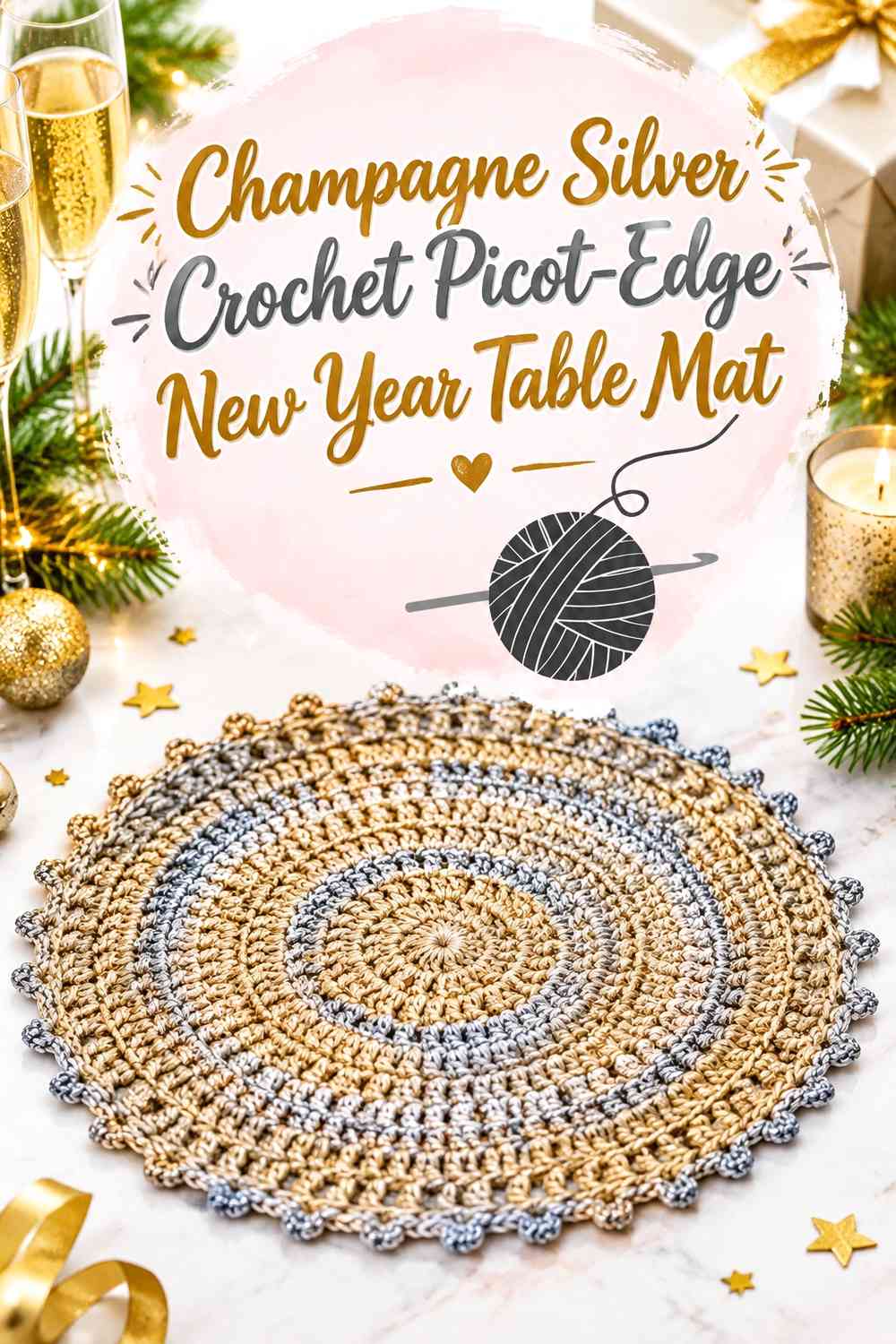 Champagne Silver Crochet Picot-Edge New Year Table Mat