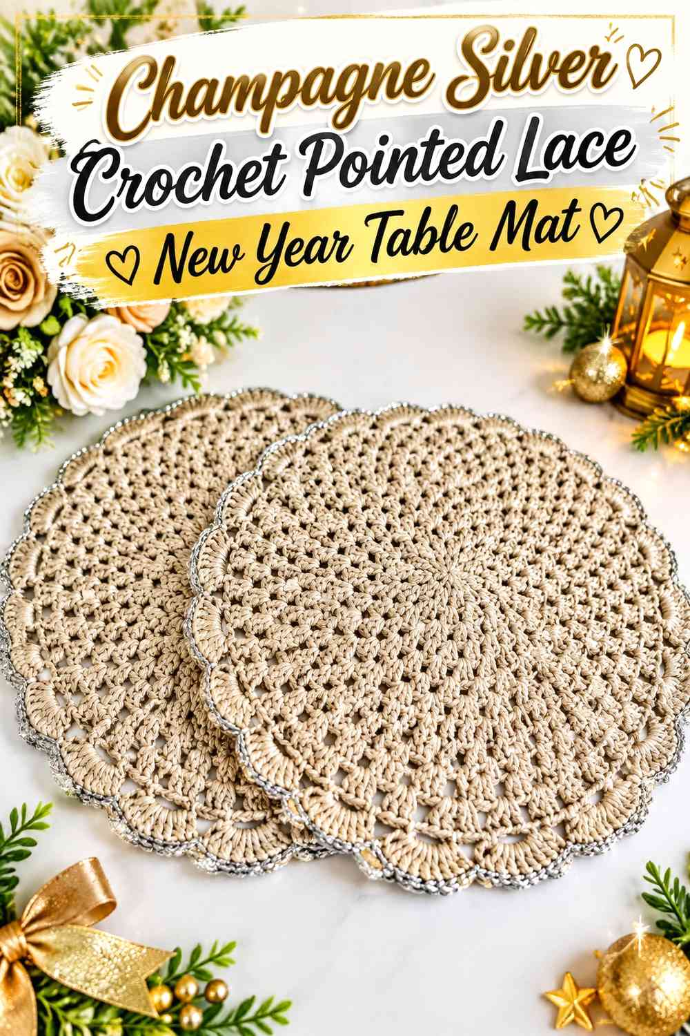 Champagne Silver Crochet Pointed Lace New Year Table Mat