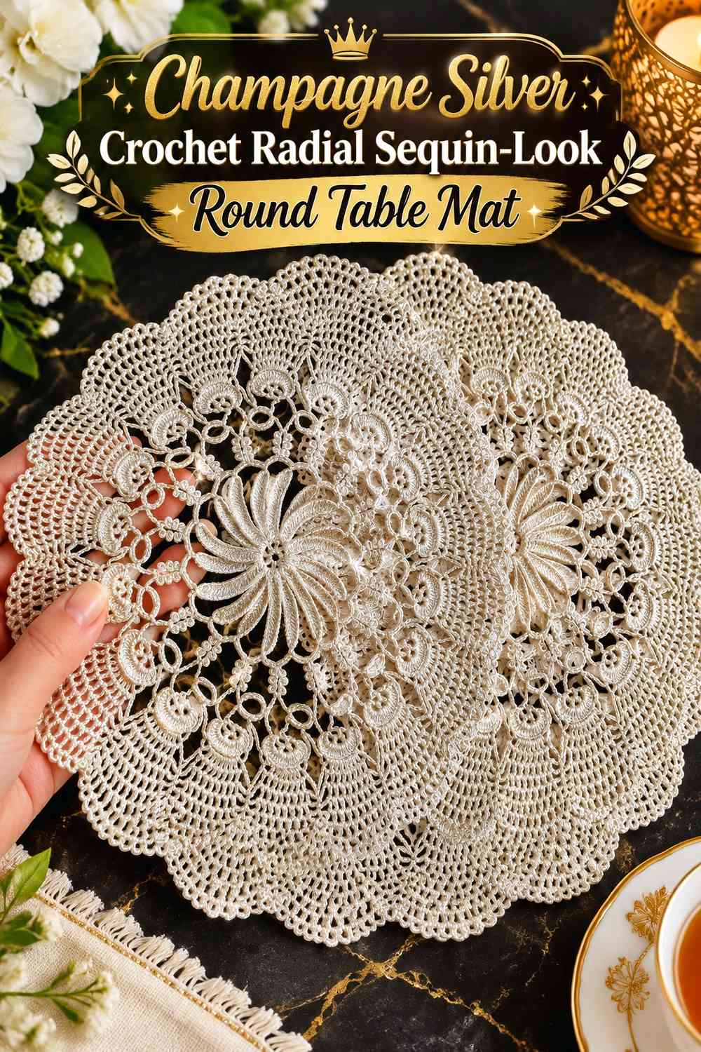 Champagne Silver Crochet Radial Sequin-Look Round Table Mat