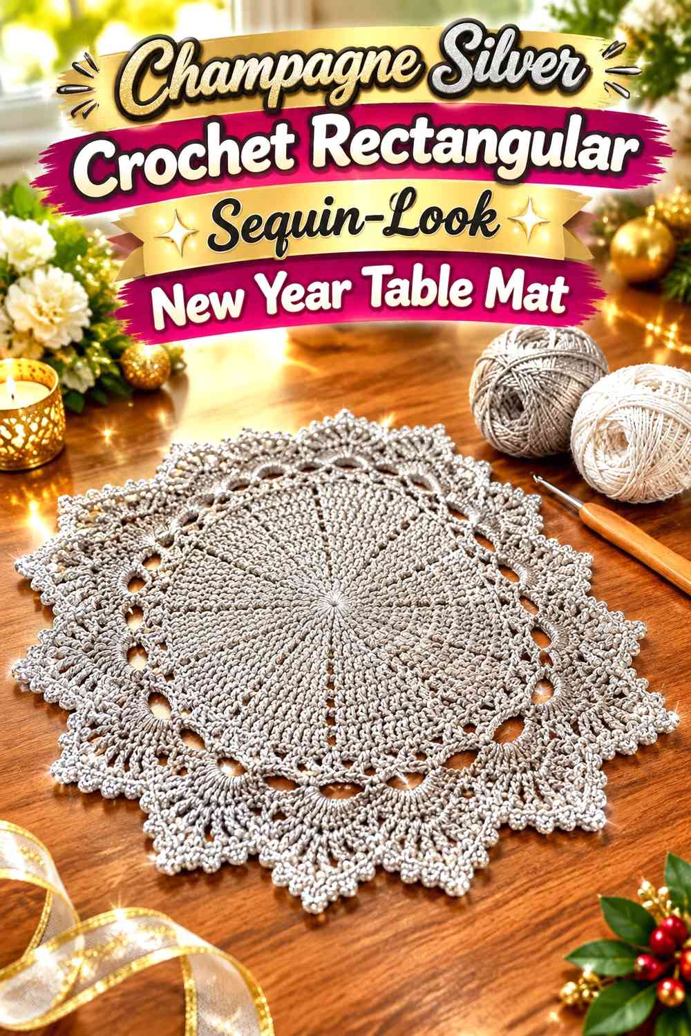 Champagne Silver Crochet Rectangular Sequin-Look New Year Table Mat