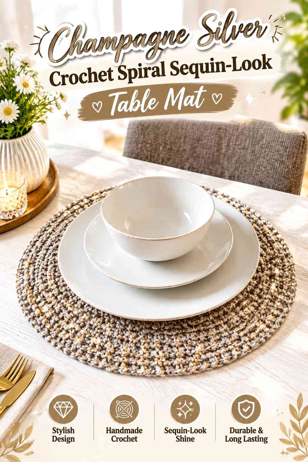 Champagne Silver Crochet Spiral Sequin-Look Table Mat