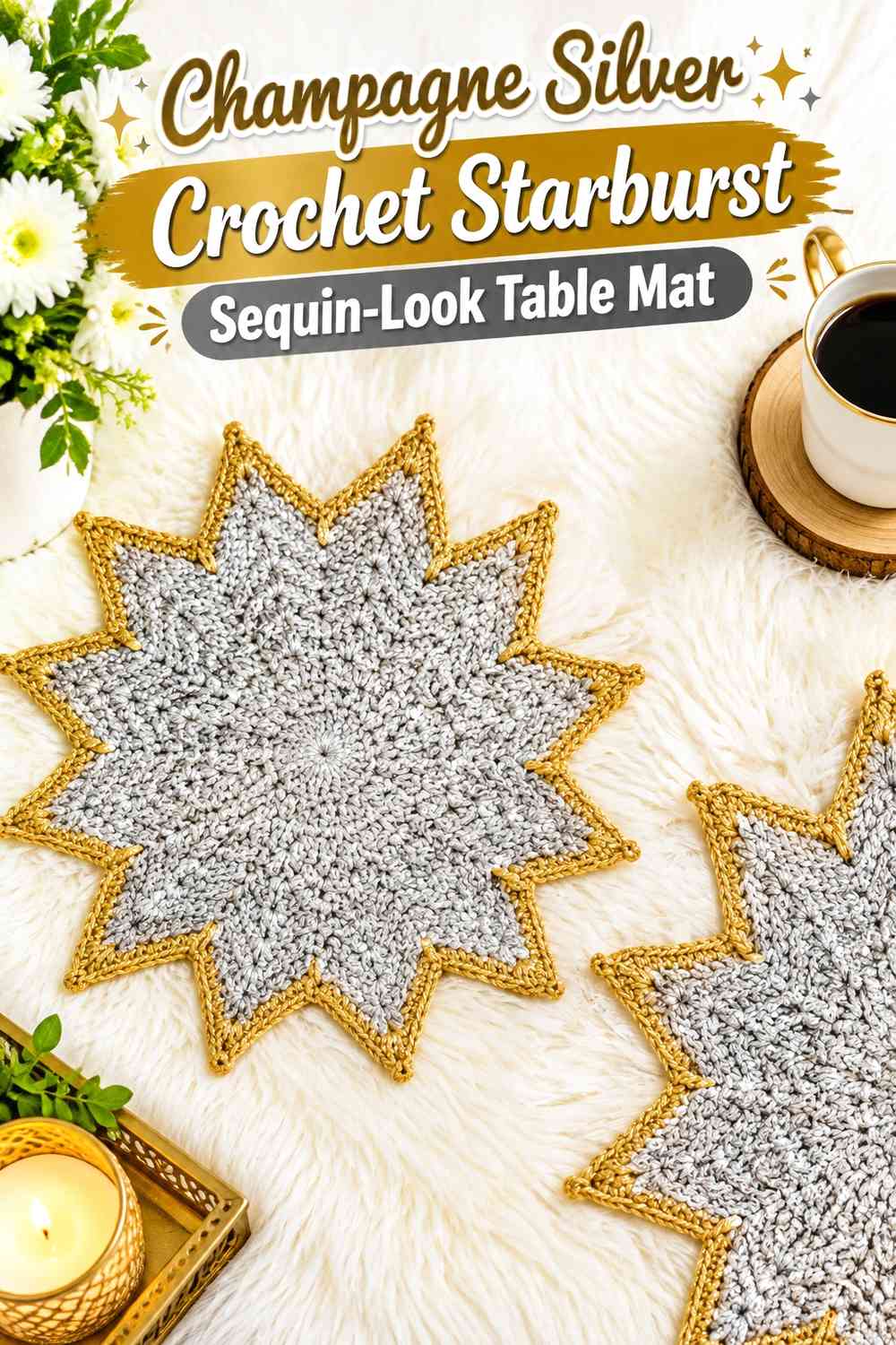 Champagne Silver Crochet Starburst Sequin-Look Table Mat