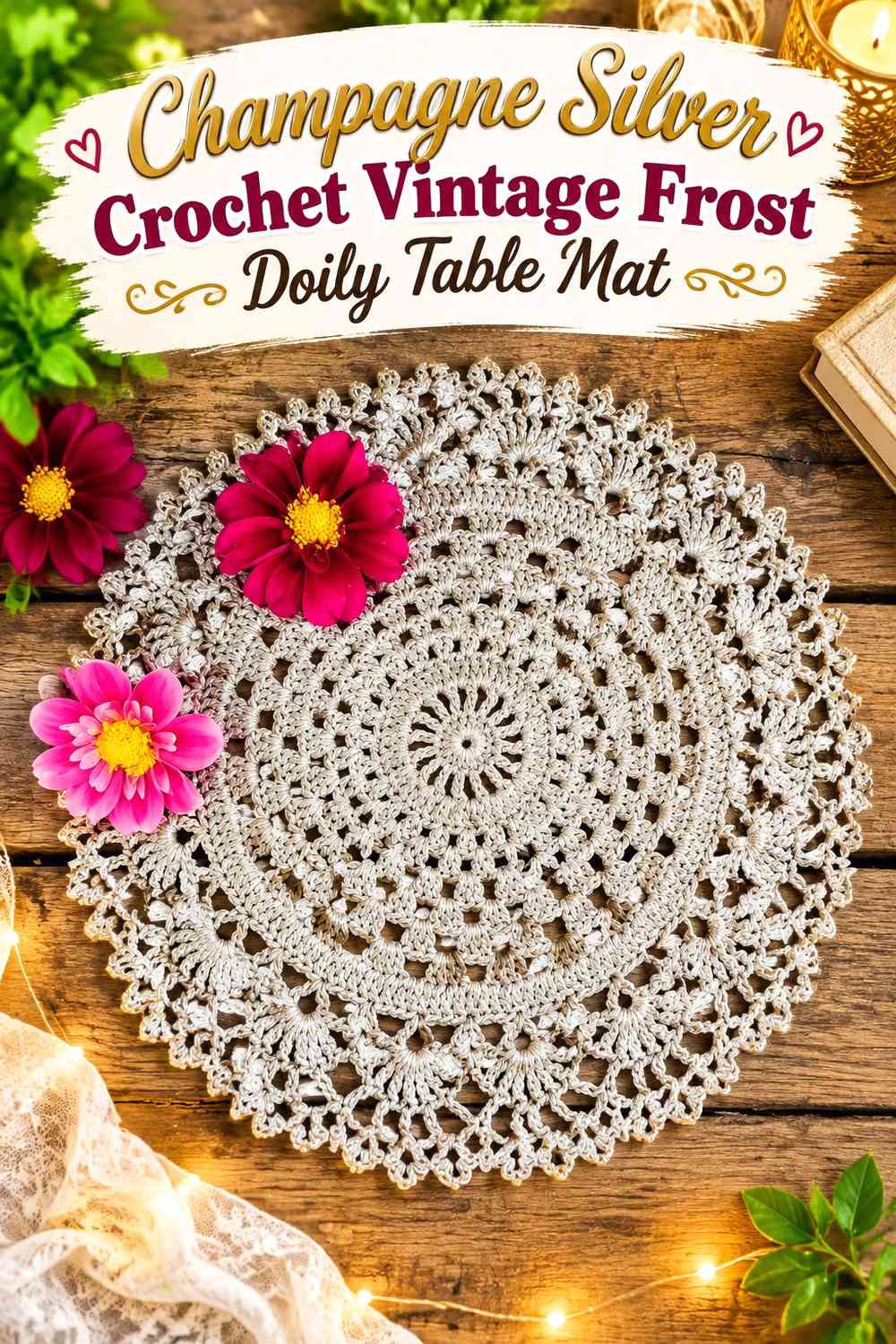 Champagne Silver Crochet Vintage Frost Doily Table Mat