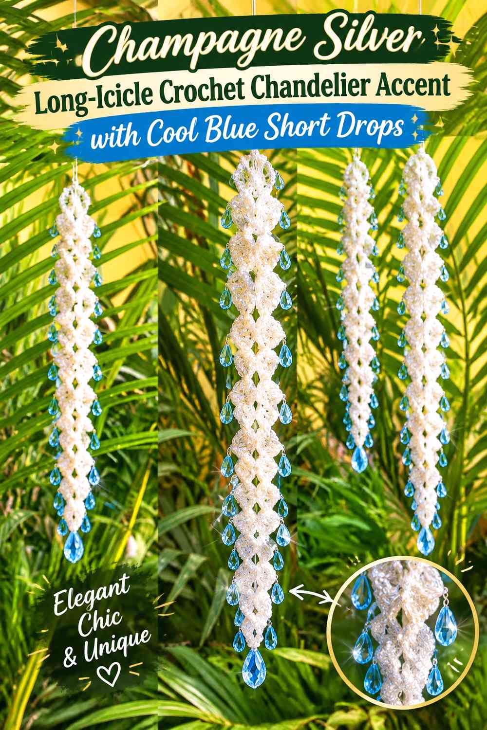 Champagne Silver Long-Icicle Crochet Chandelier Accent with Cool Blue Short Drops