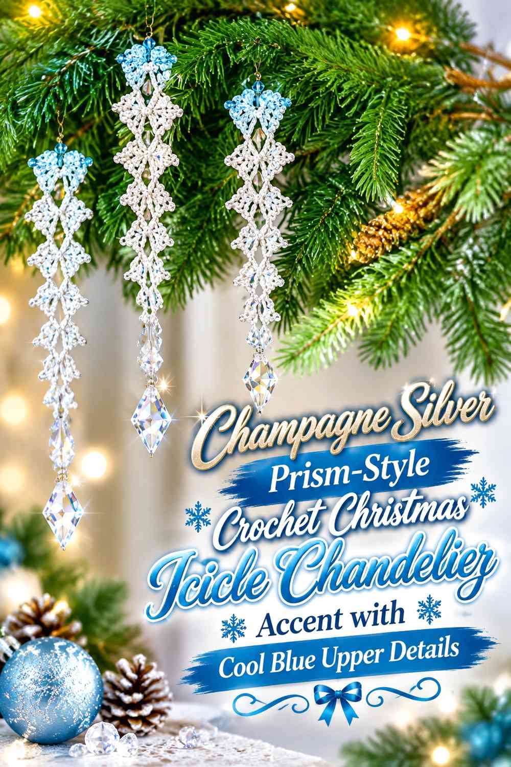 Champagne Silver Prism-Style Crochet Christmas Icicle Chandelier Accent with Cool Blue Upper Details
