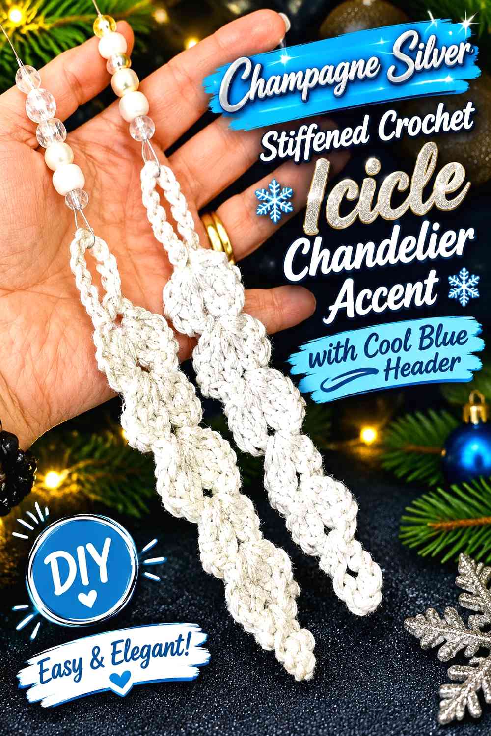 Champagne Silver Stiffened Crochet Icicle Chandelier Accent with Cool Blue Header