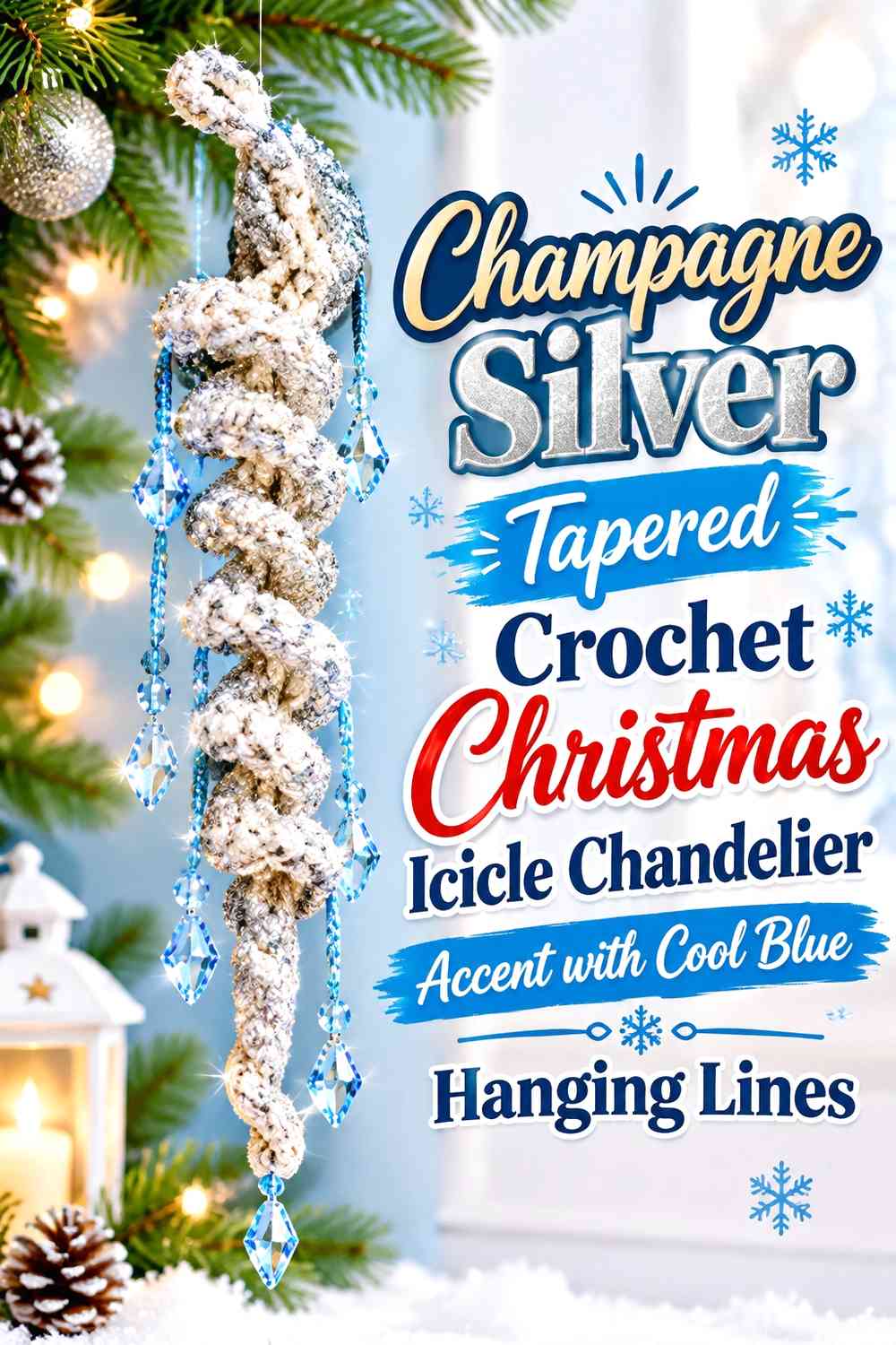 Champagne Silver Tapered Crochet Christmas Icicle Chandelier Accent with Cool Blue Hanging Lines