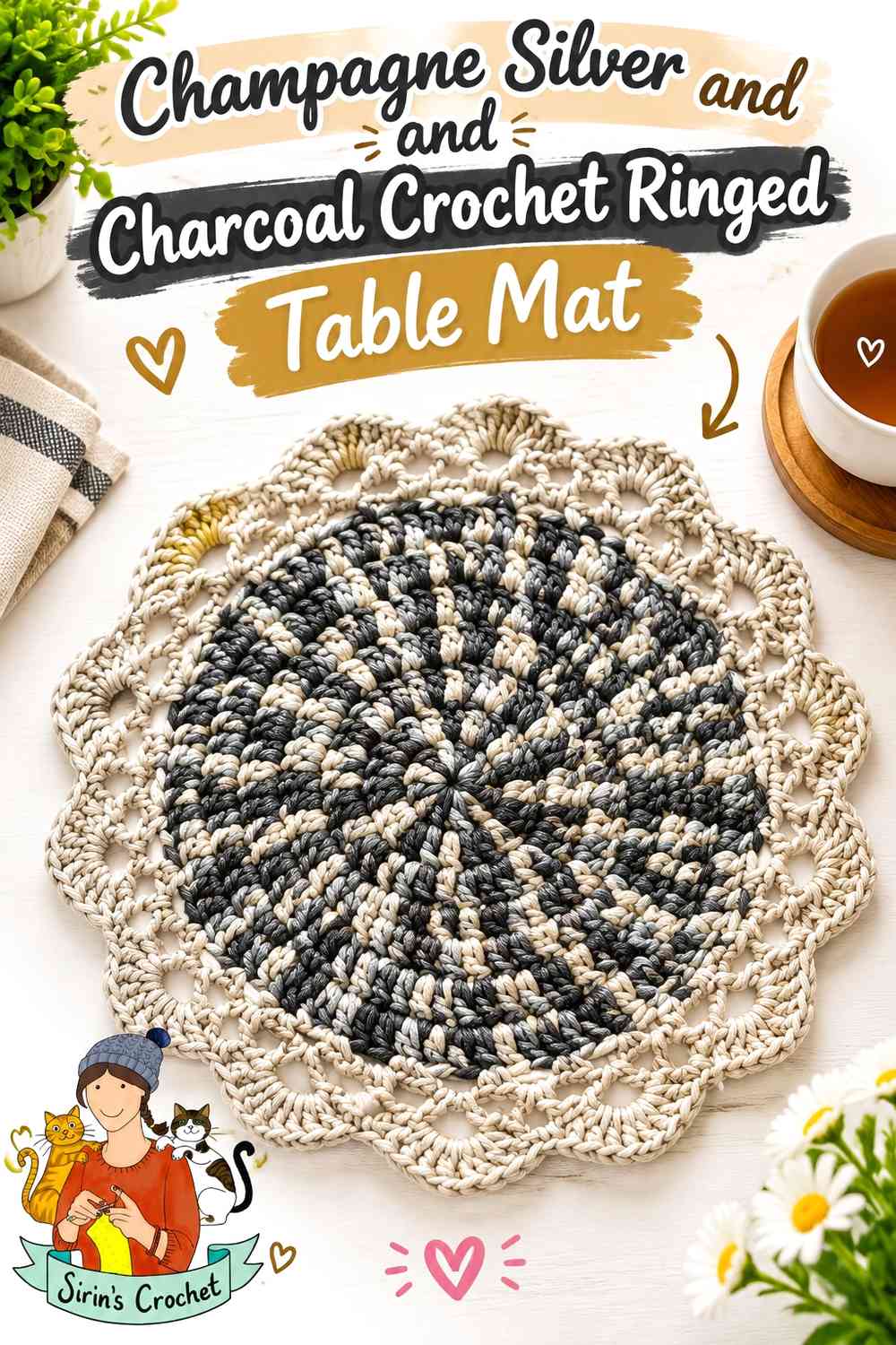 Champagne Silver and Charcoal Crochet Ringed Table Mat