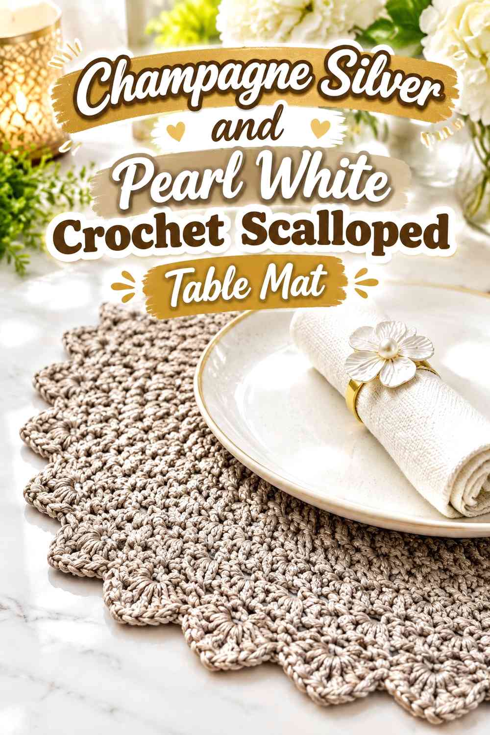 Champagne Silver and Pearl White Crochet Scalloped Table Mat