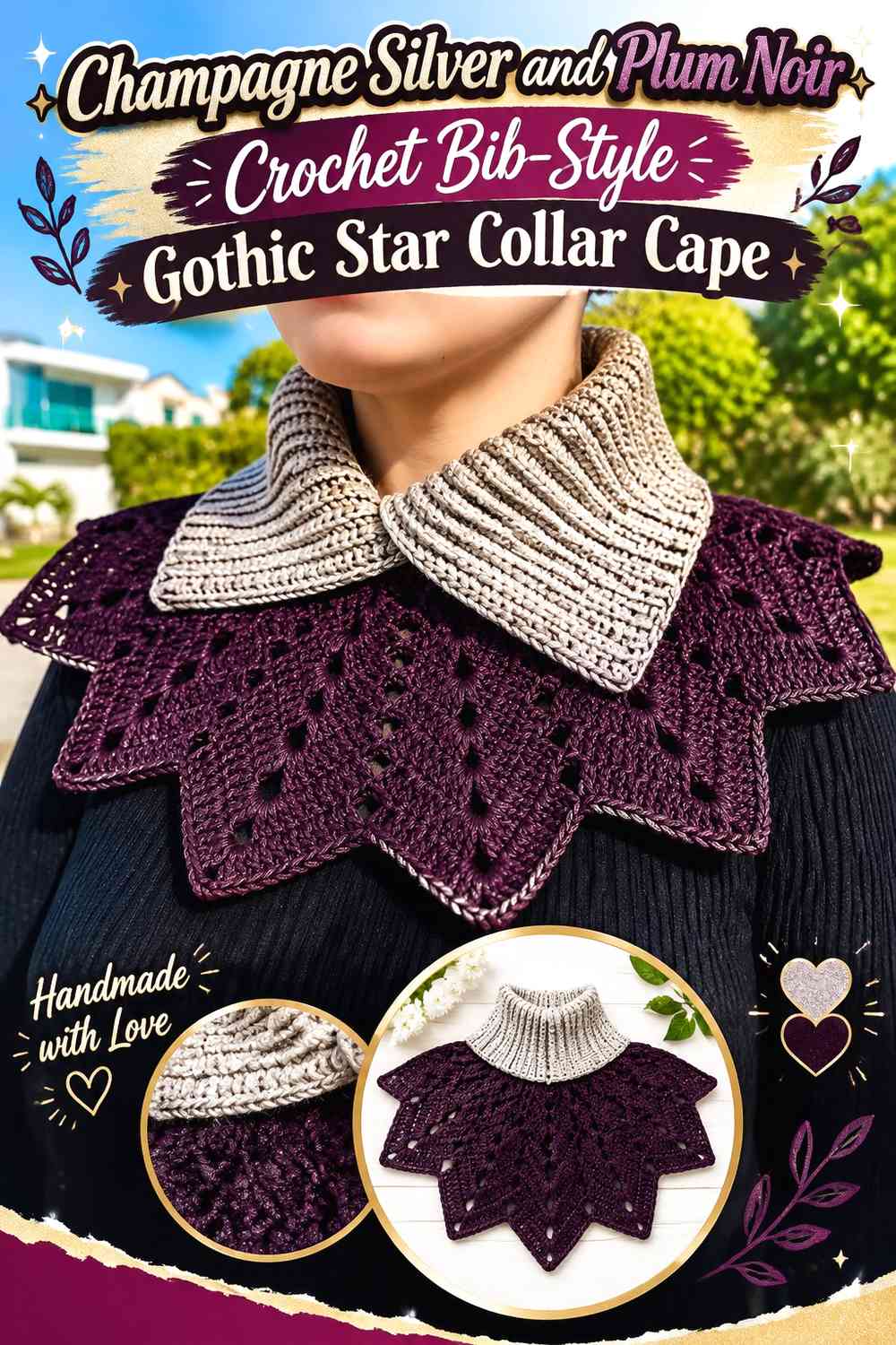 Champagne Silver and Plum Noir Crochet Bib-Style Gothic Star Collar Cape