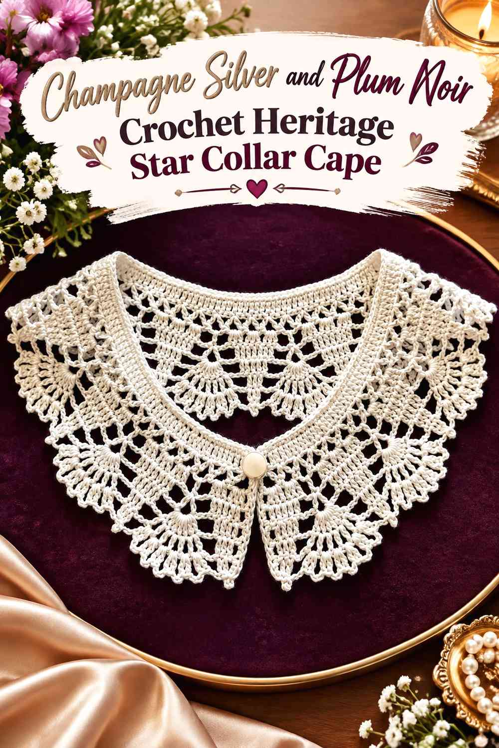 Champagne Silver and Plum Noir Crochet Heritage Star Collar Cape