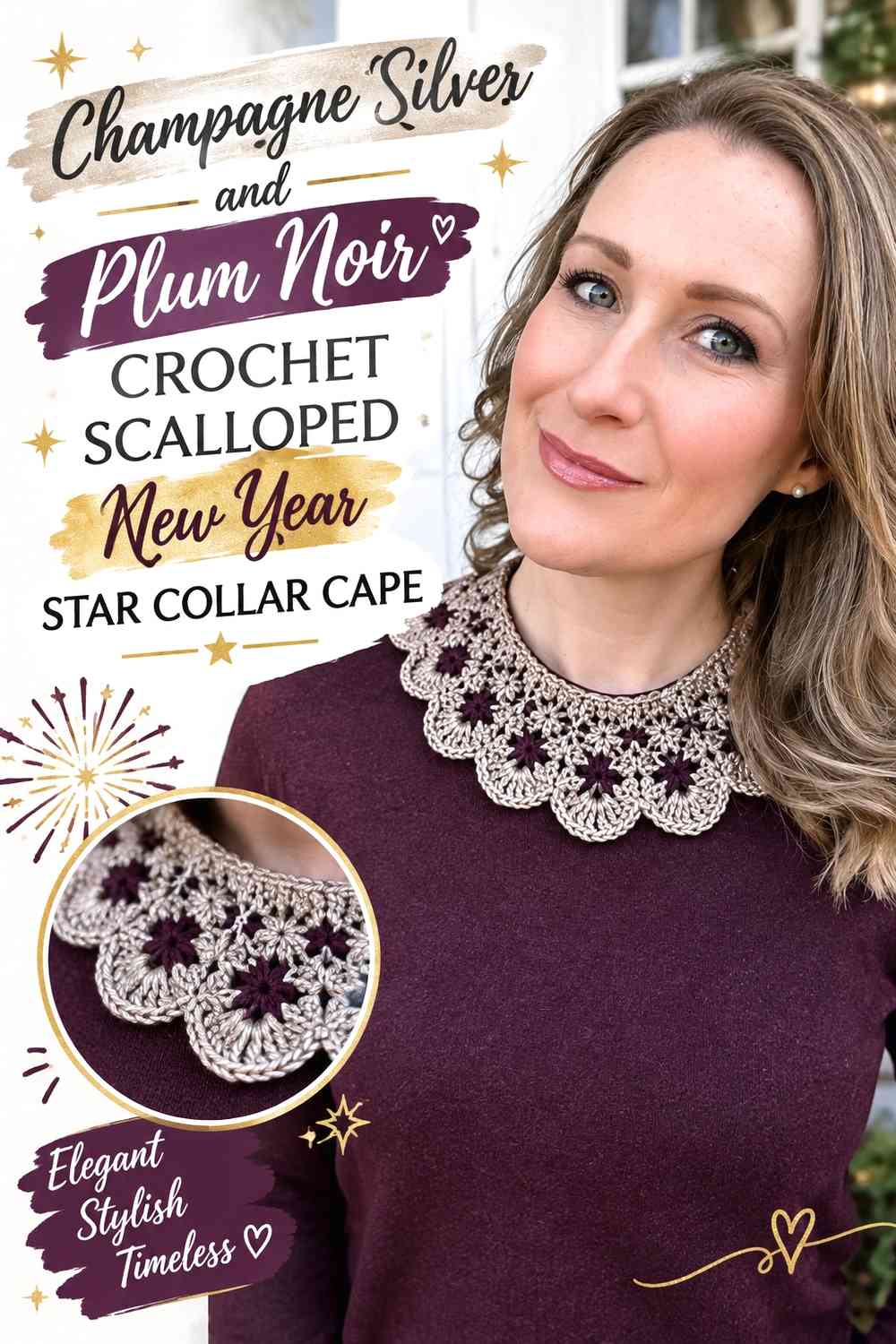 Champagne Silver and Plum Noir Crochet Scalloped New Year Star Collar Cape