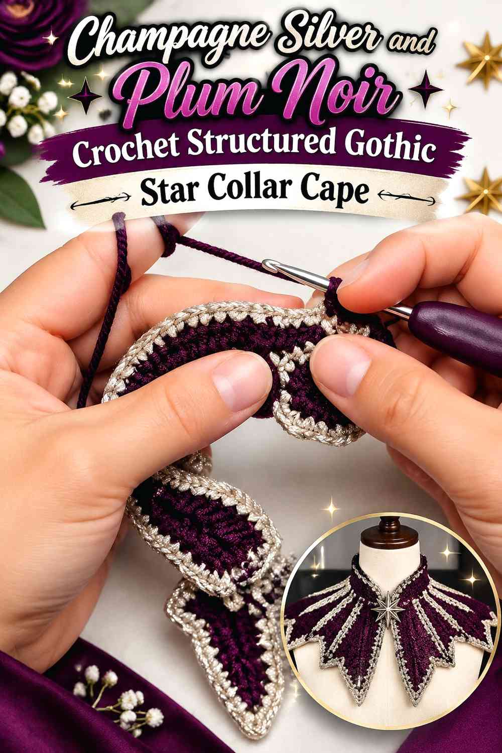 Champagne Silver and Plum Noir Crochet Structured Gothic Star Collar Cape