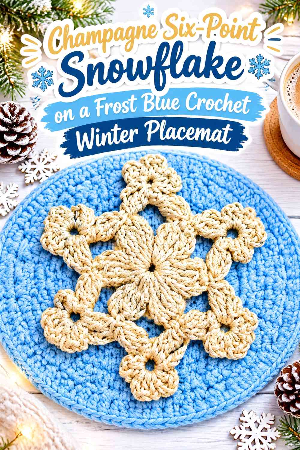 Champagne Six-Point Snowflake on a Frost Blue Crochet Winter Placemat