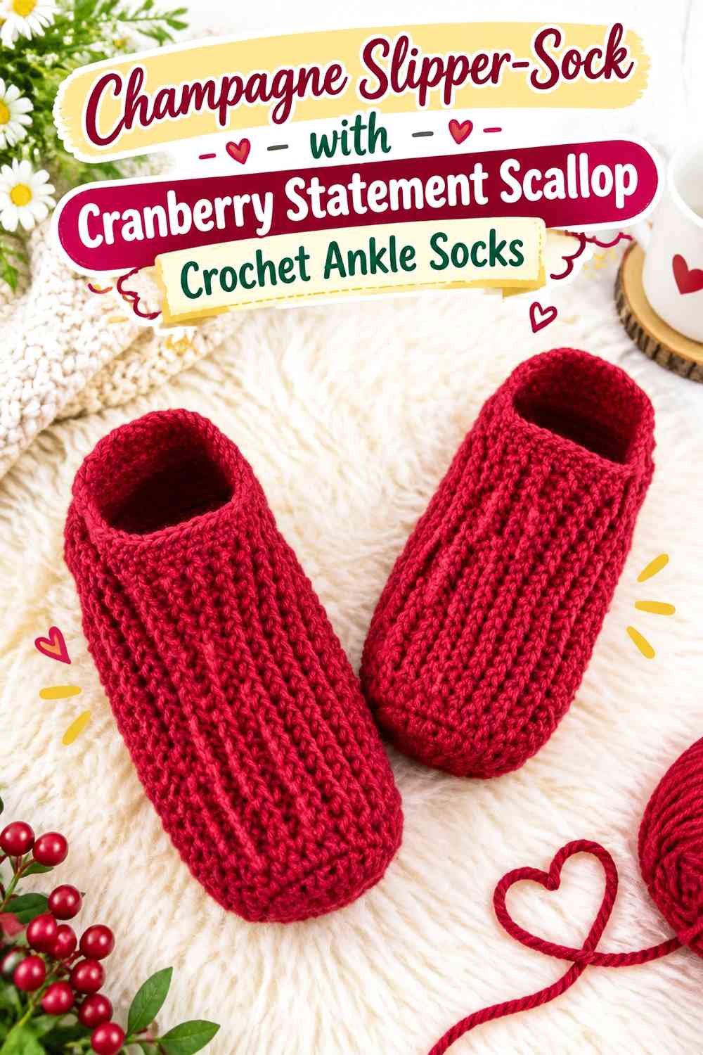 Champagne Slipper-Sock with Cranberry Statement Scallop Crochet Ankle Socks