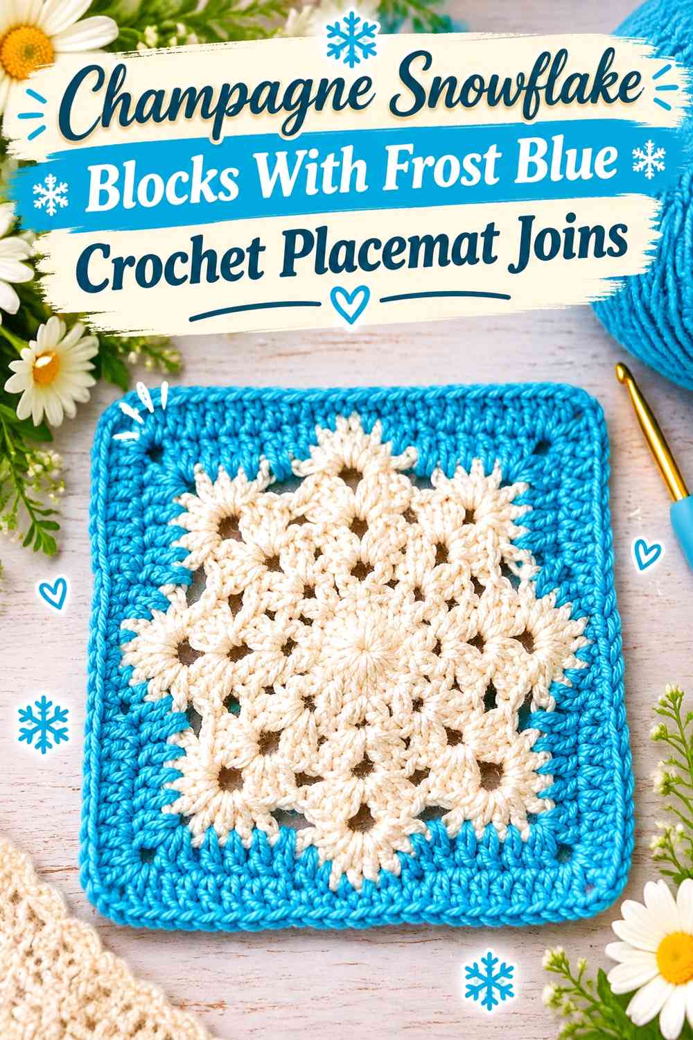 Champagne Snowflake Blocks With Frost Blue Crochet Placemat Joins