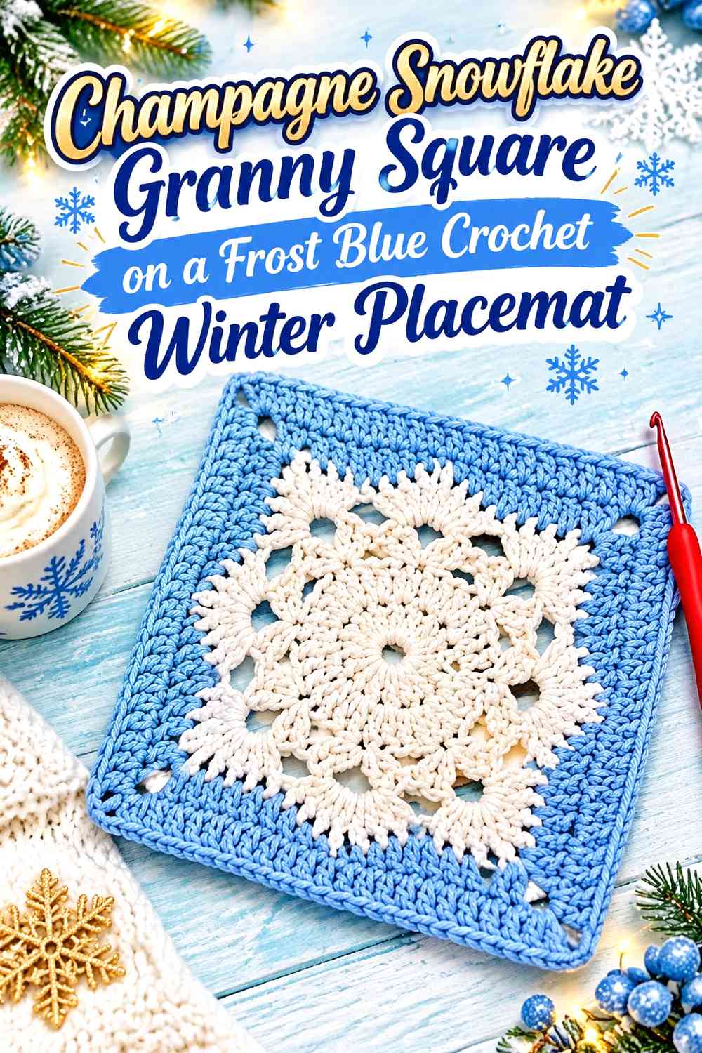 Champagne Snowflake Granny Square on a Frost Blue Crochet Winter Placemat