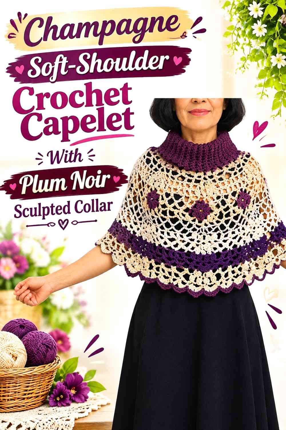 Champagne Soft-Shoulder Crochet Capelet With Plum Noir Sculpted Collar