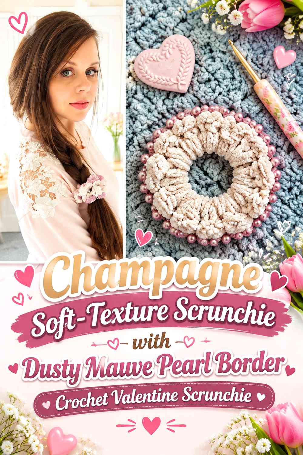 Champagne Soft-Texture Scrunchie with Dusty Mauve Pearl Border Crochet Valentine Scrunchie
