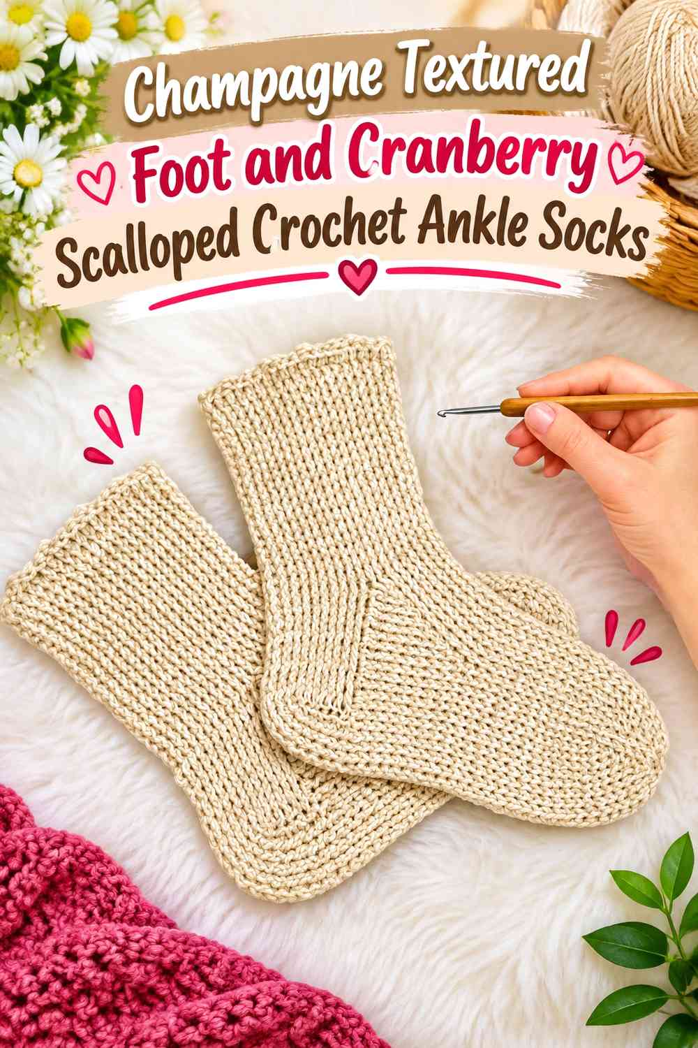 Champagne Textured Foot and Cranberry Scalloped Crochet Ankle Socks