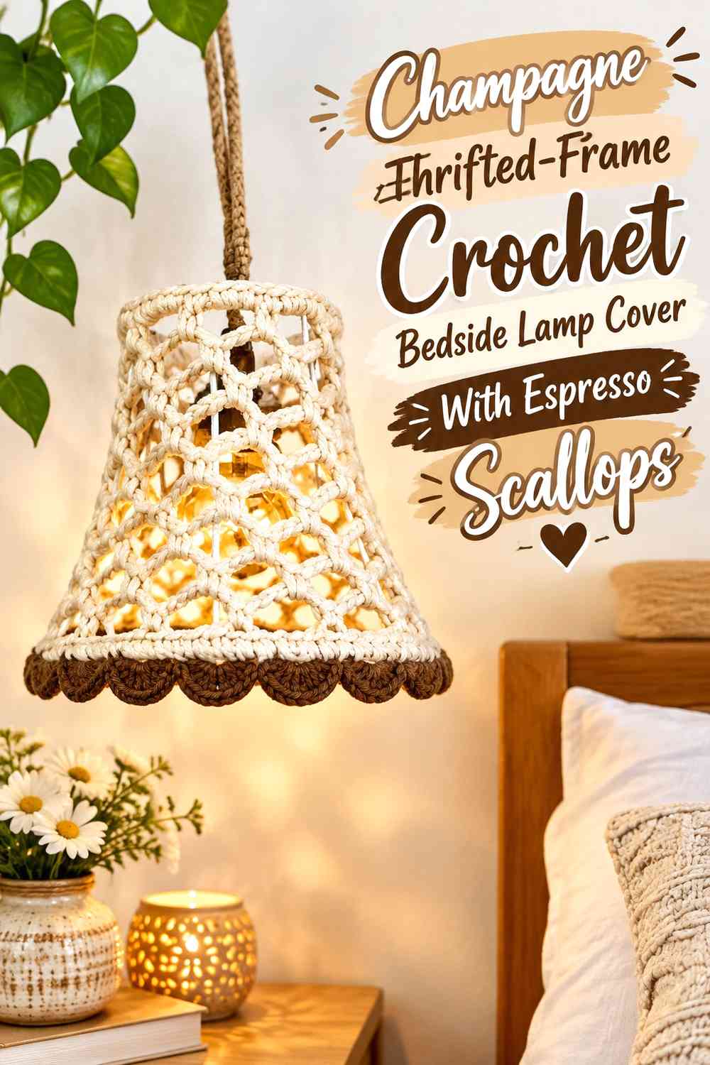 Champagne Thrifted-Frame Crochet Bedside Lamp Cover With Espresso Scallops