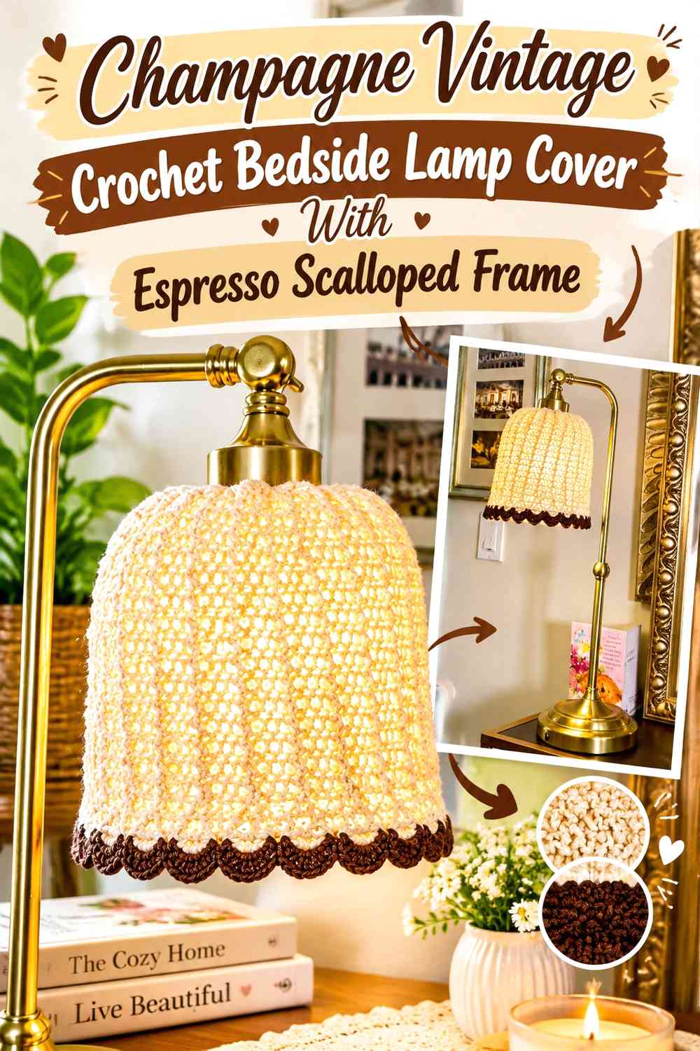 Champagne Vintage Crochet Bedside Lamp Cover With Espresso Scalloped Frame