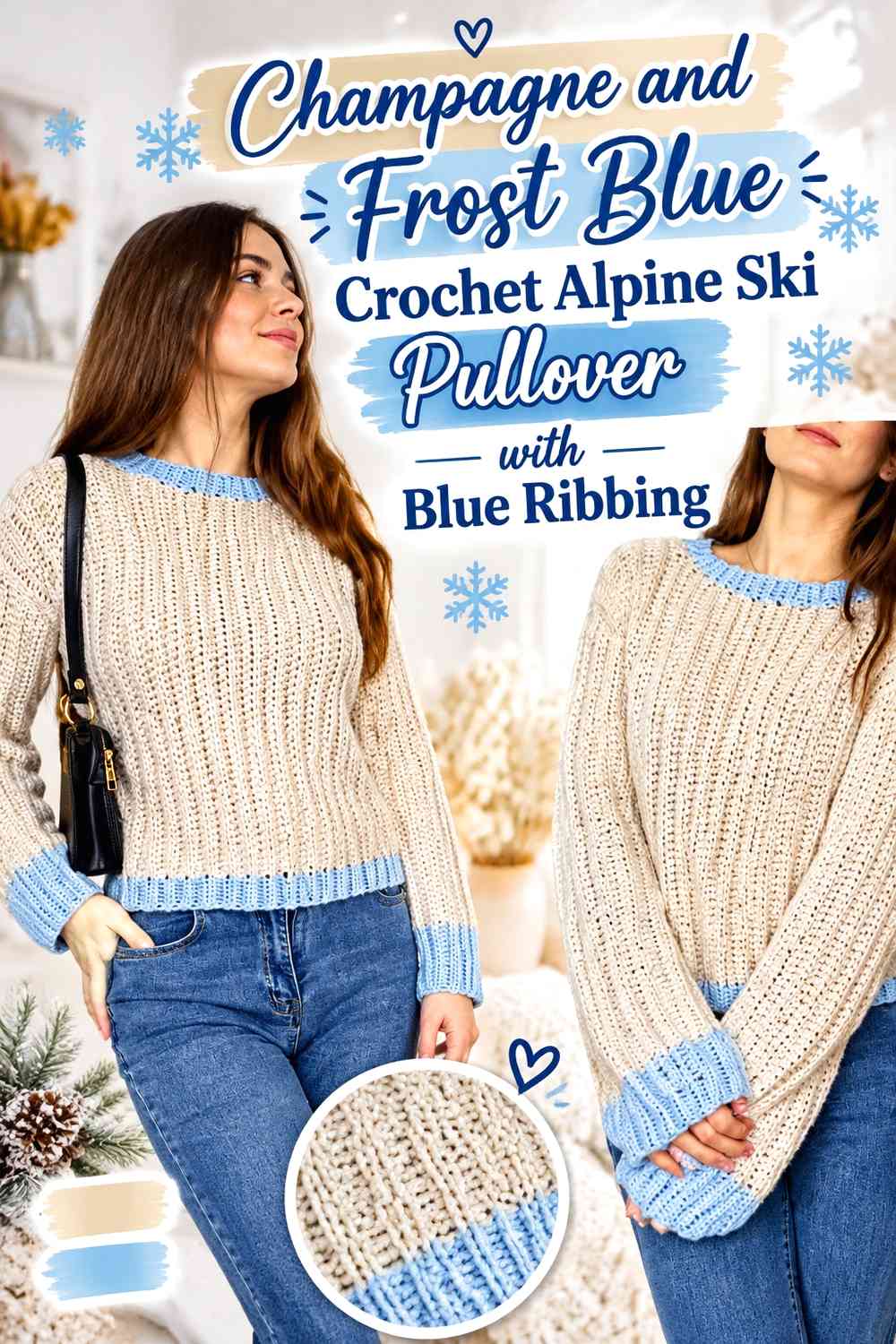Champagne and Frost Blue Crochet Alpine Ski Pullover with Blue Ribbing