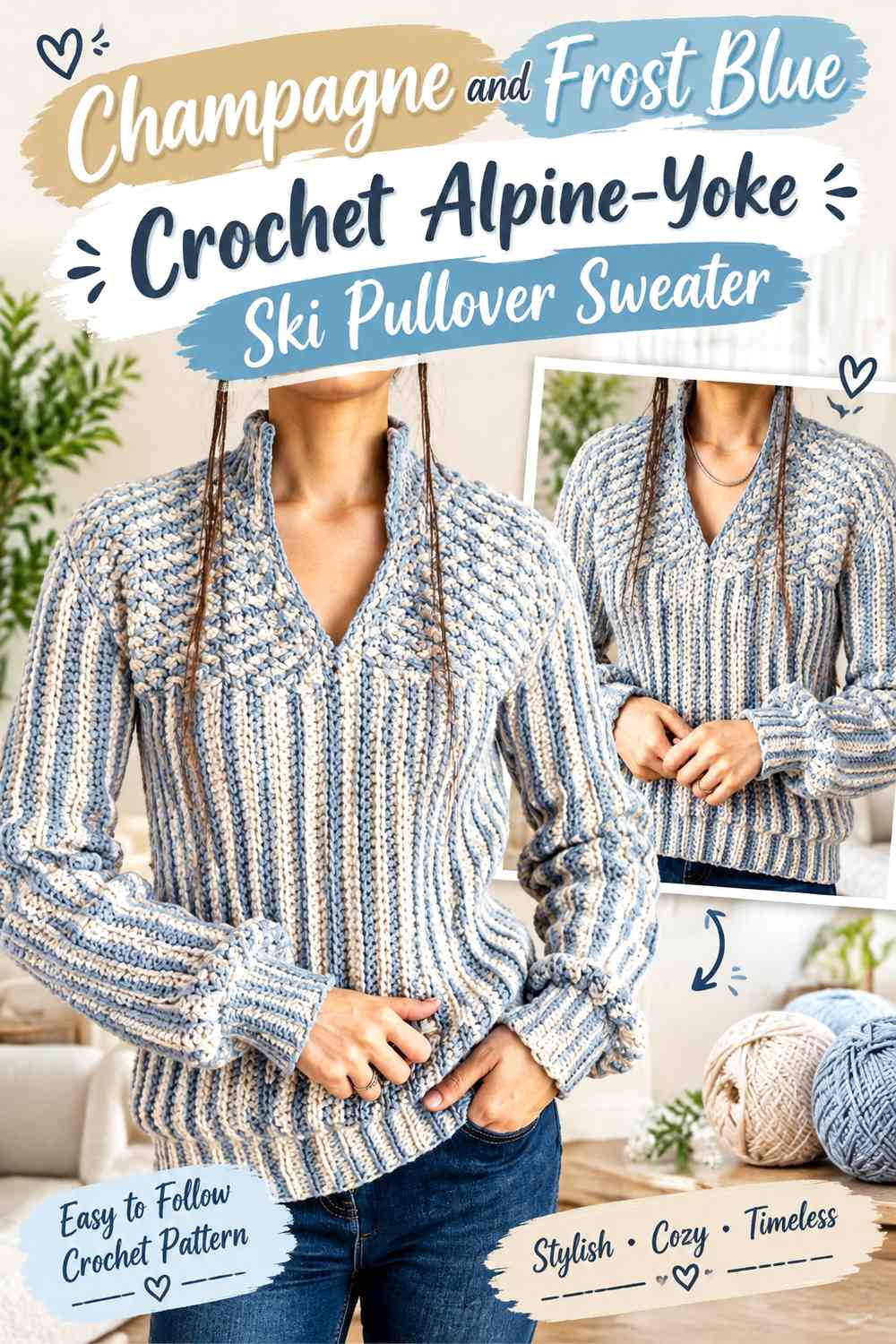 Champagne and Frost Blue Crochet Alpine-Yoke Ski Pullover Sweater